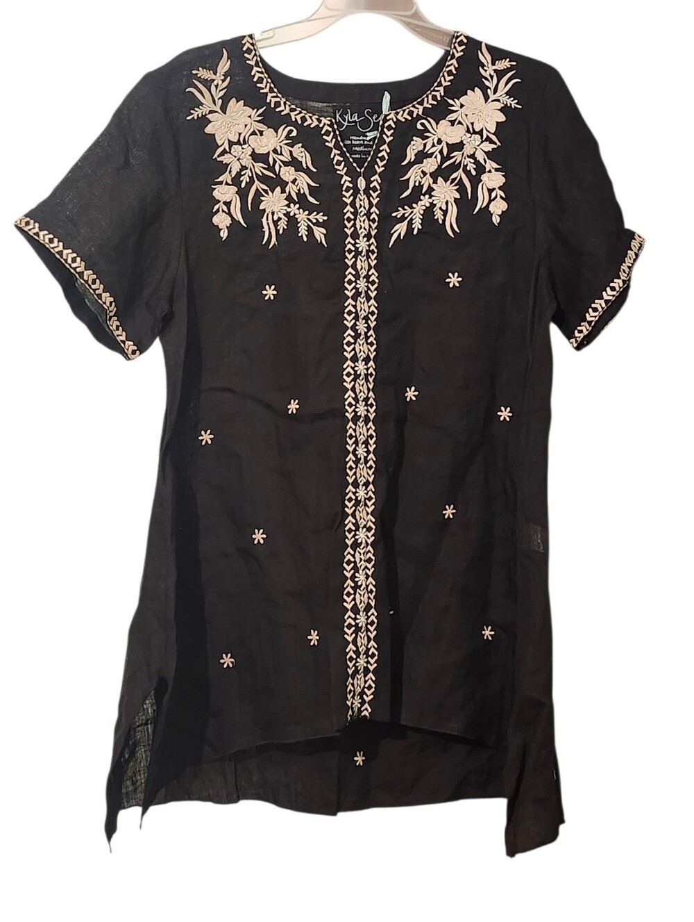 Kyla Seo Handmade Embroidered Black Tunic Top with Cream Floral Detail - M